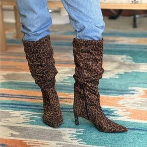 Leopard Print Knee-High Pointed Toe Boots Kitten Heel